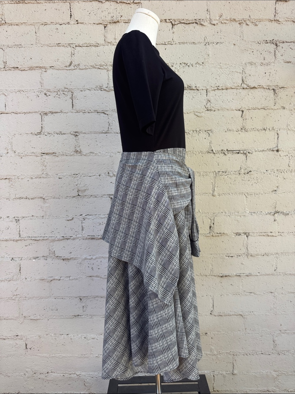 Maje Rapri Color-Blocked Geo Print Midi Dress Plaid Tie-Waist Black Size L (3) - Picture 5 of 16